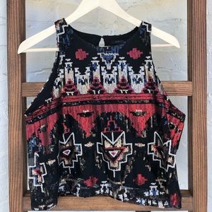 Trendy Sequin Patterned Crop Top - Black and Red